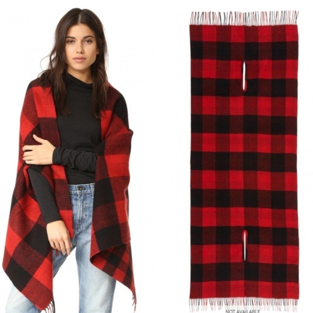 NWT Madewell Buffalo Check Cape Scarf Black Red Plaid Wool